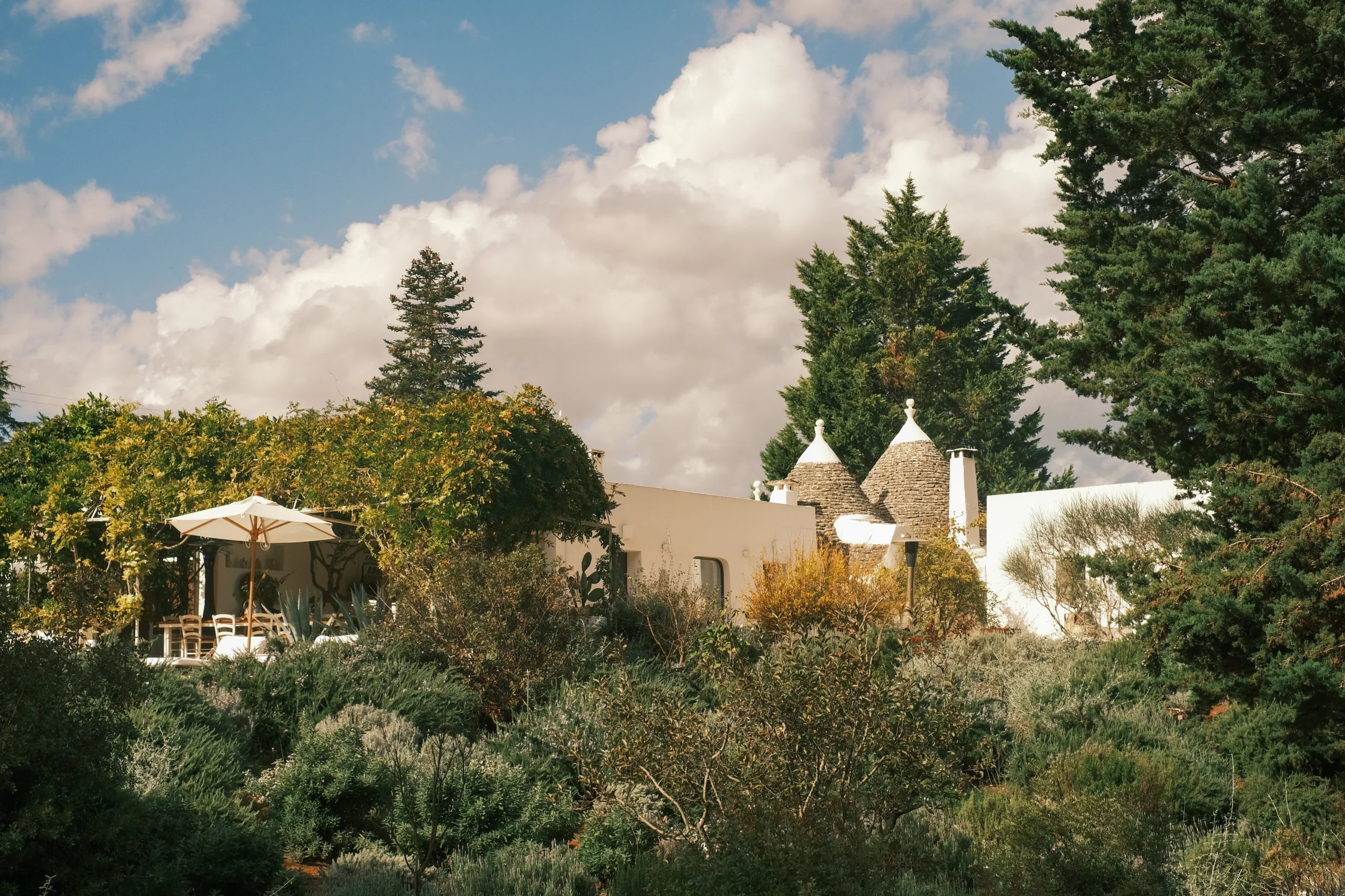 Panoramic view of a private estate in Puglia with pool, pergola and landscaped garden