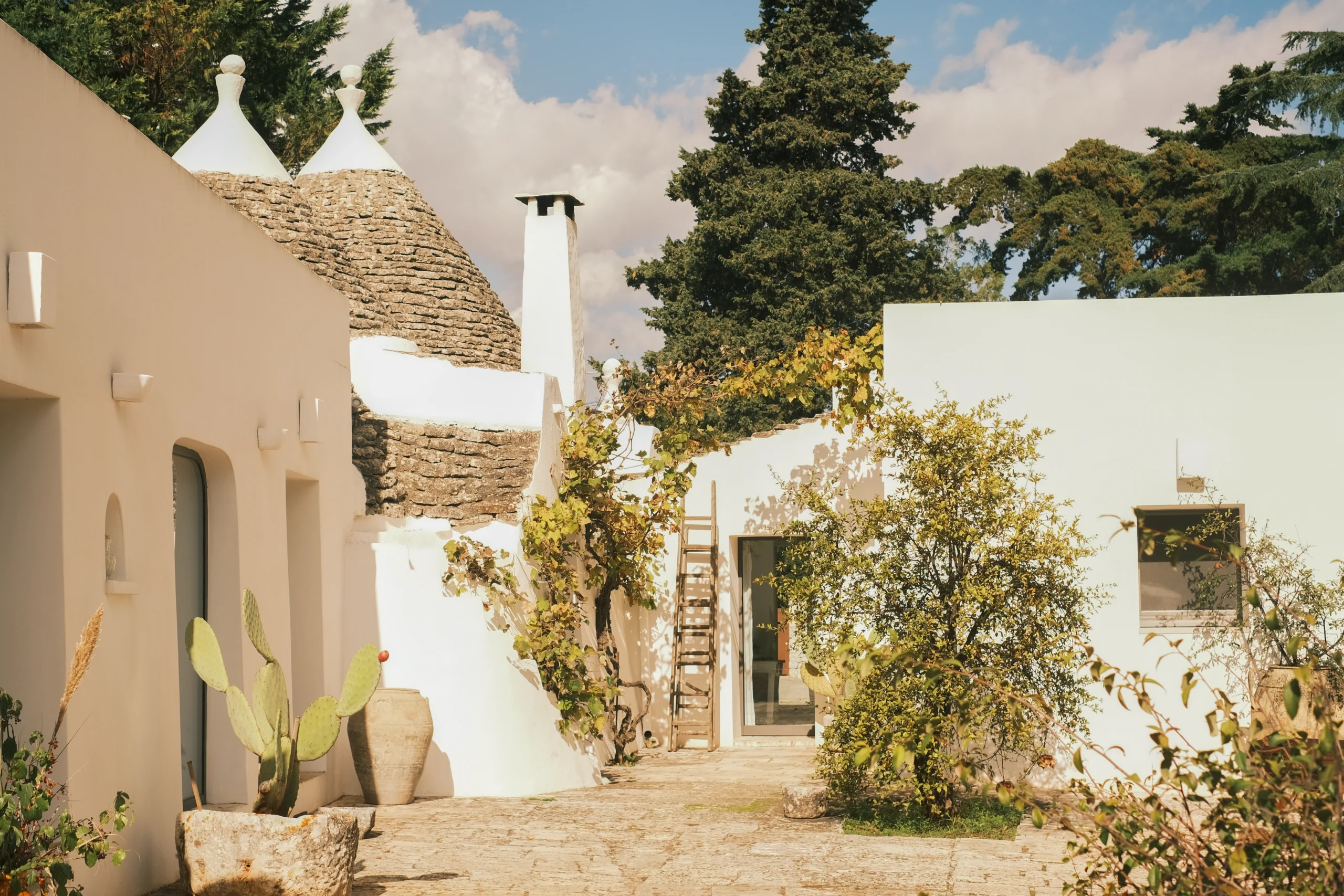 Traditional trullo courtyard with whitewashed walls, stone paving and Mediterranean plants in a luxury villa in Puglia
