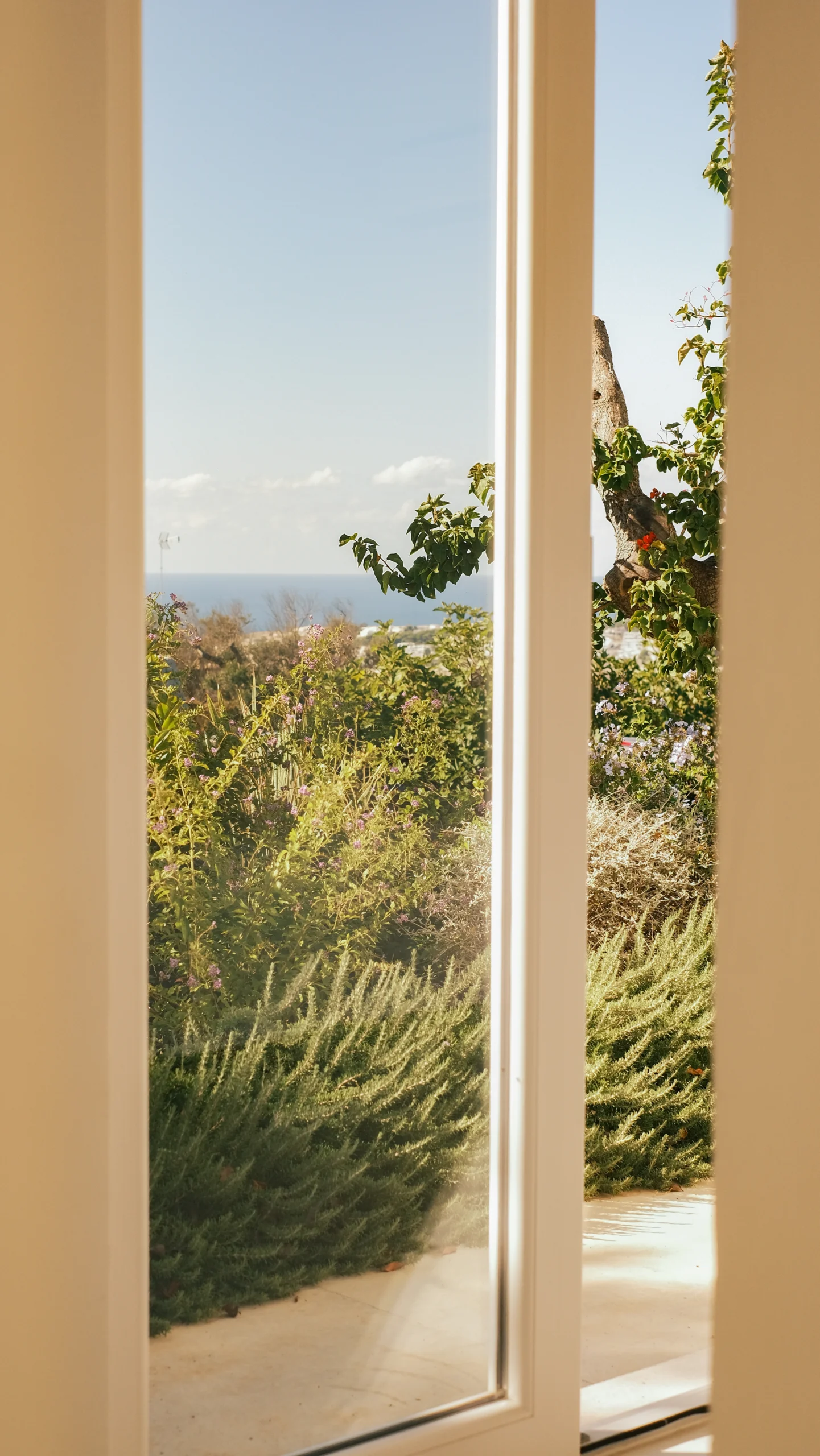 View through bedroom window overlooking Mediterranean garden and sea at luxury villa in Puglia