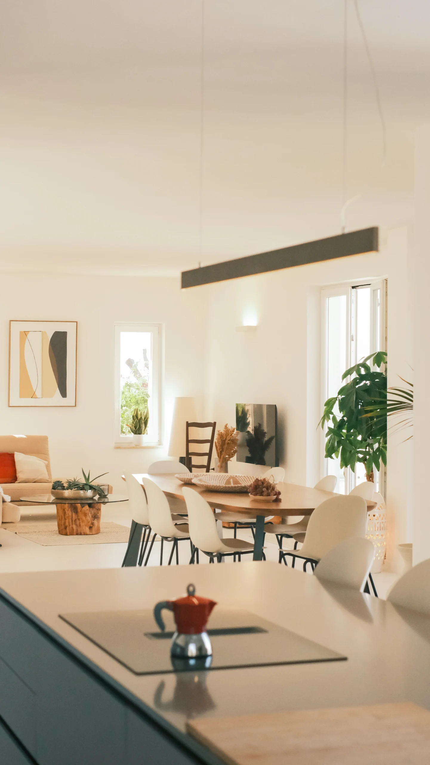 Open-plan living and dining room at Villa Leucade with designer furniture and large windows overlooking the garden.