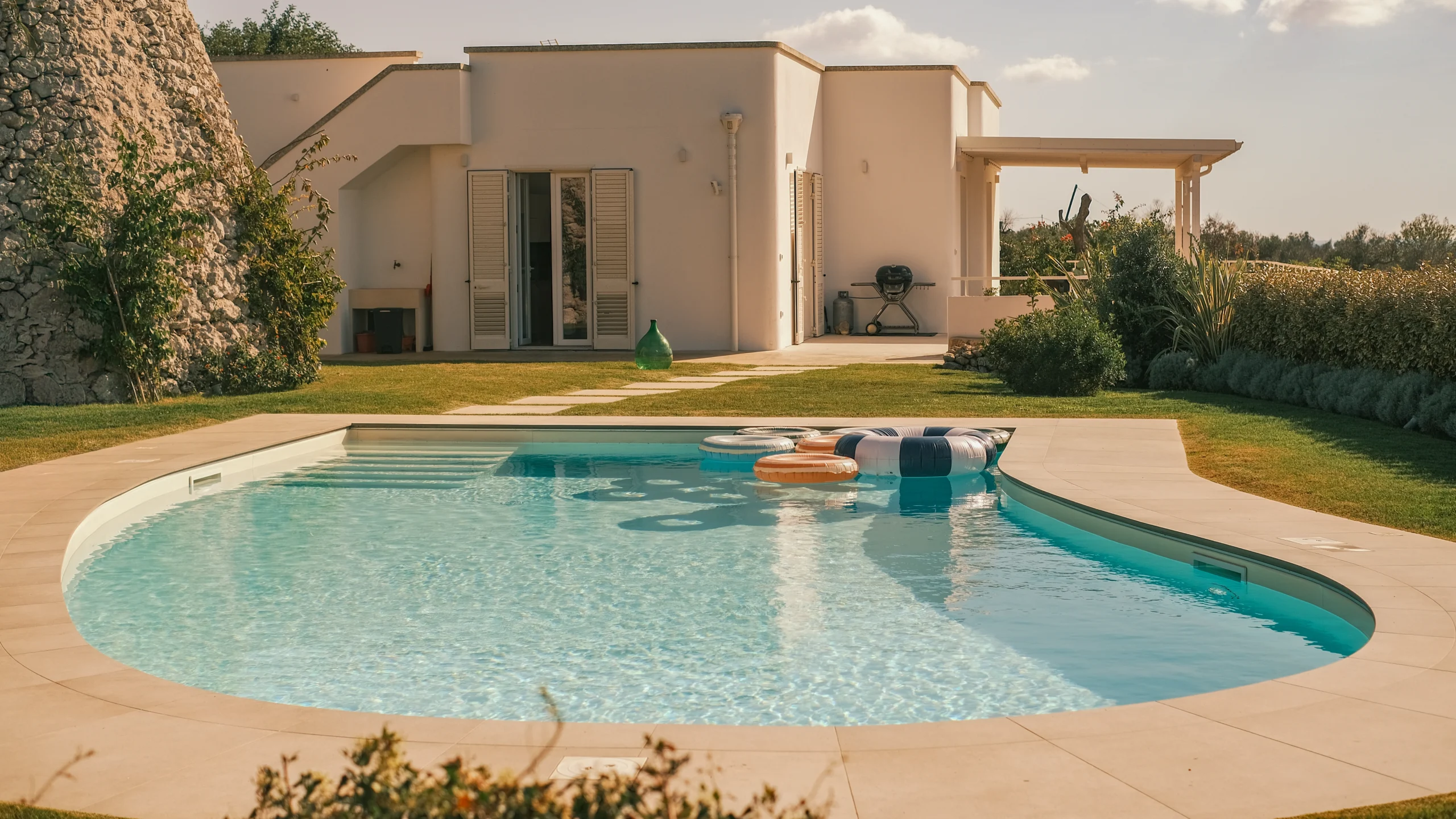Wide view of private swimming pool surrounded by lawn and modern villa architecture in Puglia
