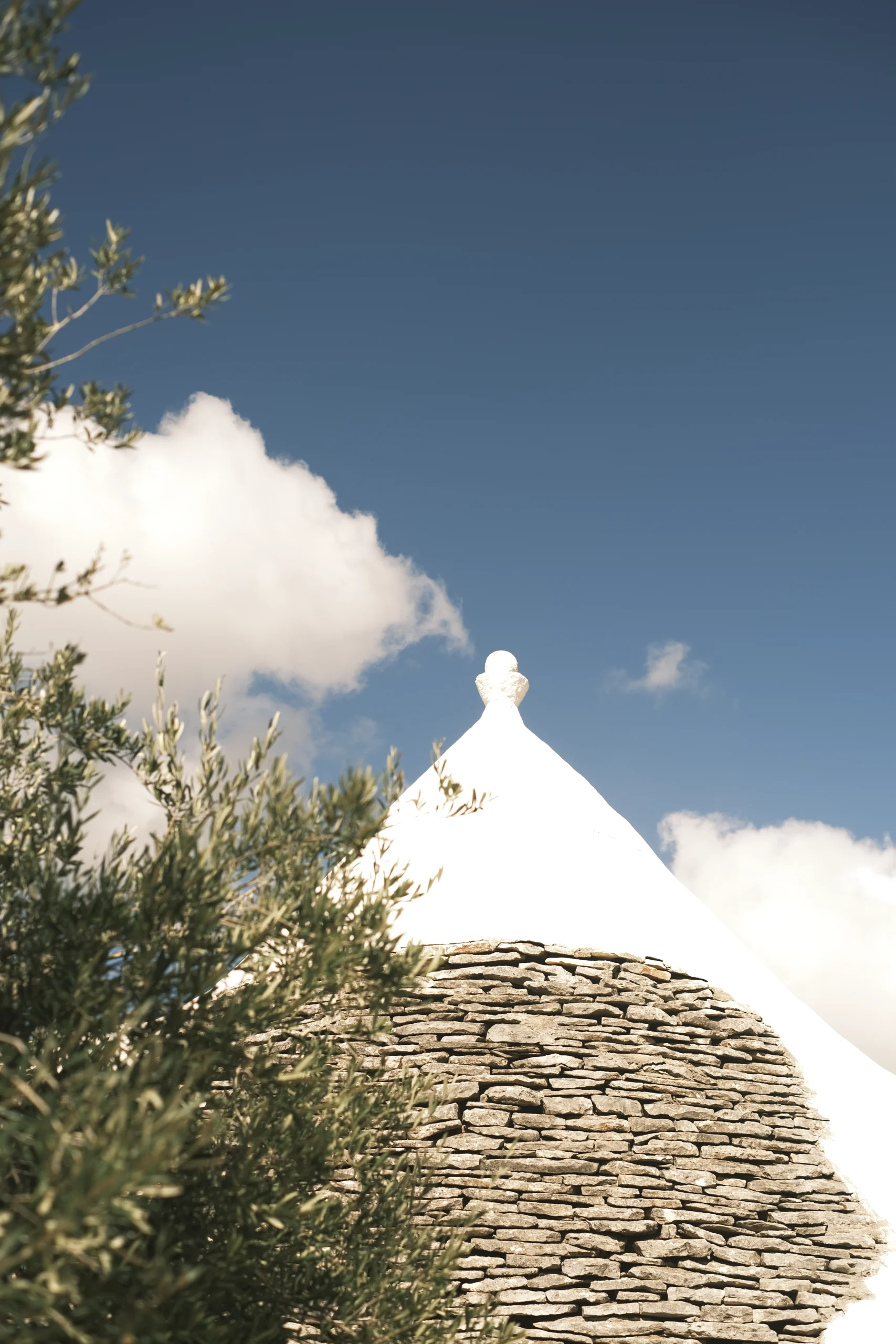 Traditional trullo roof in Puglia with dry stone masonry and white limestone pinnacle, surrounded by olive trees under a blue sky