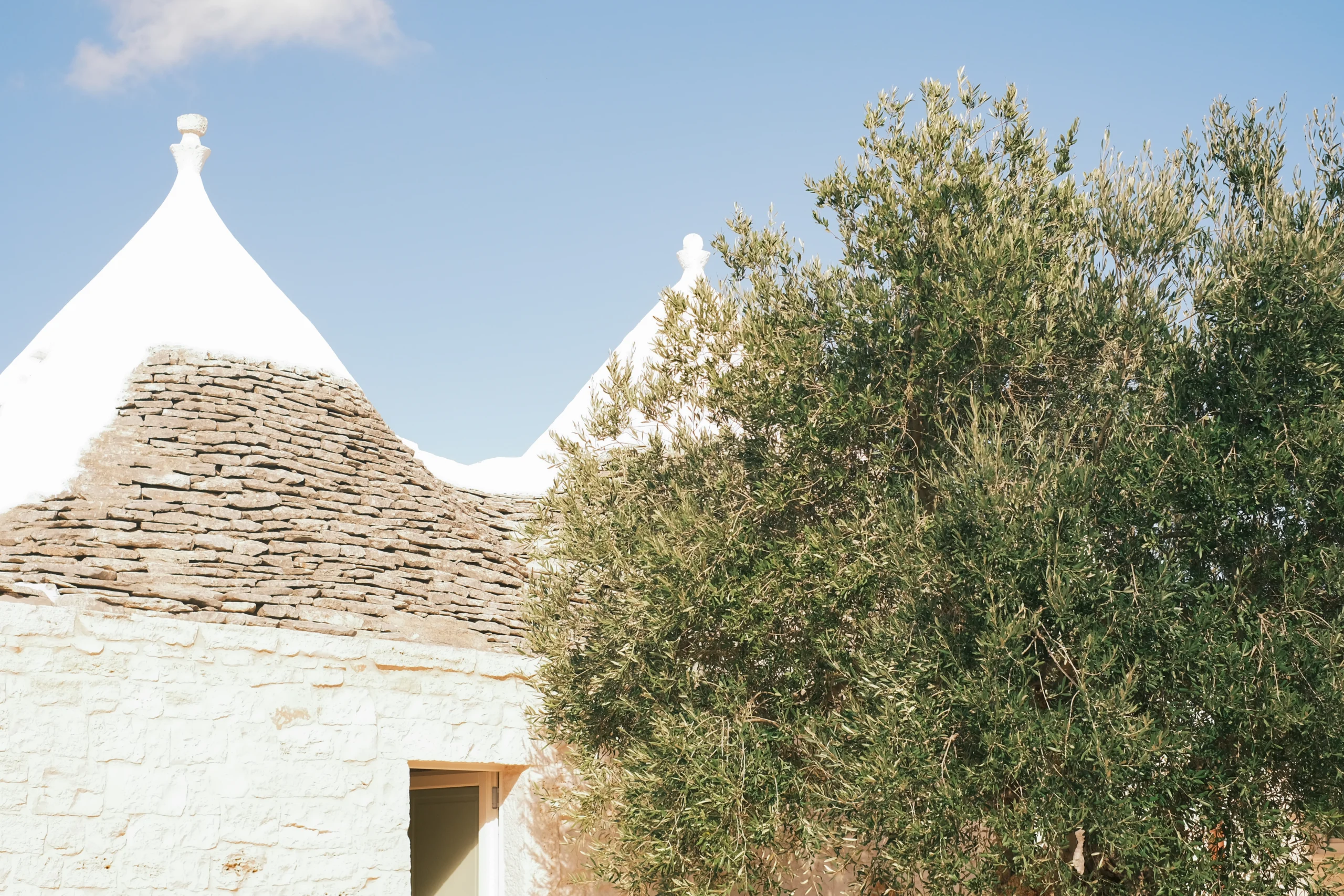 Historic trullo roofs and olive trees at a luxury countryside villa in Puglia, Italy