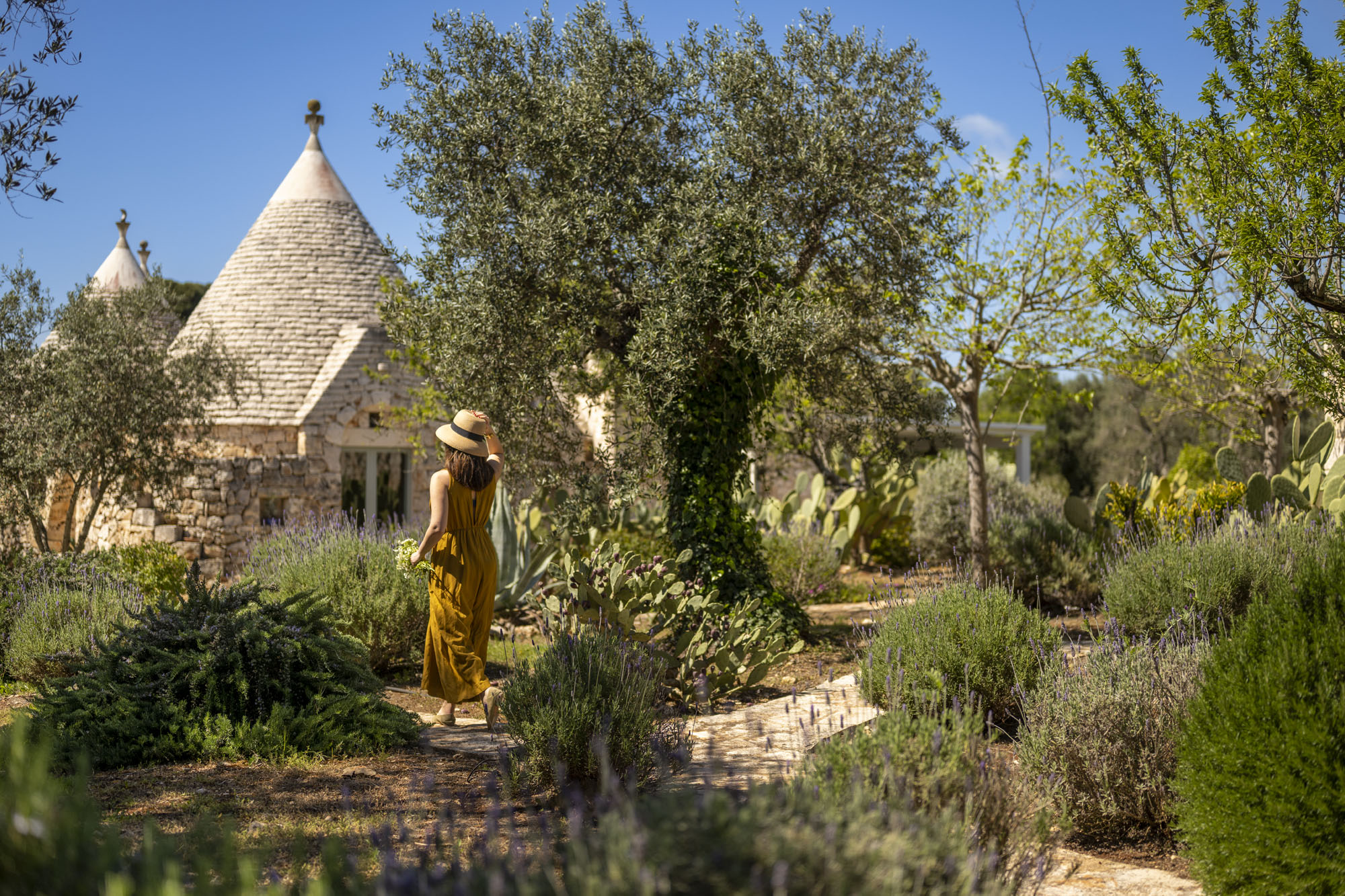 Woman in yellow dress and straw hat walking along stone garden path lined with lavender, rosemary and cacti near a traditional trullo in Puglia