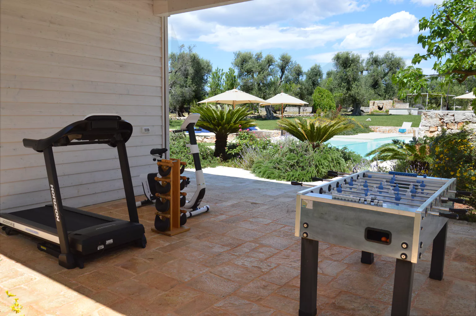 Outdoor fitness area with treadmill, exercise bike, foosball table and pool view surrounded by olive trees and Mediterranean garden at a luxury Puglia countryside villa