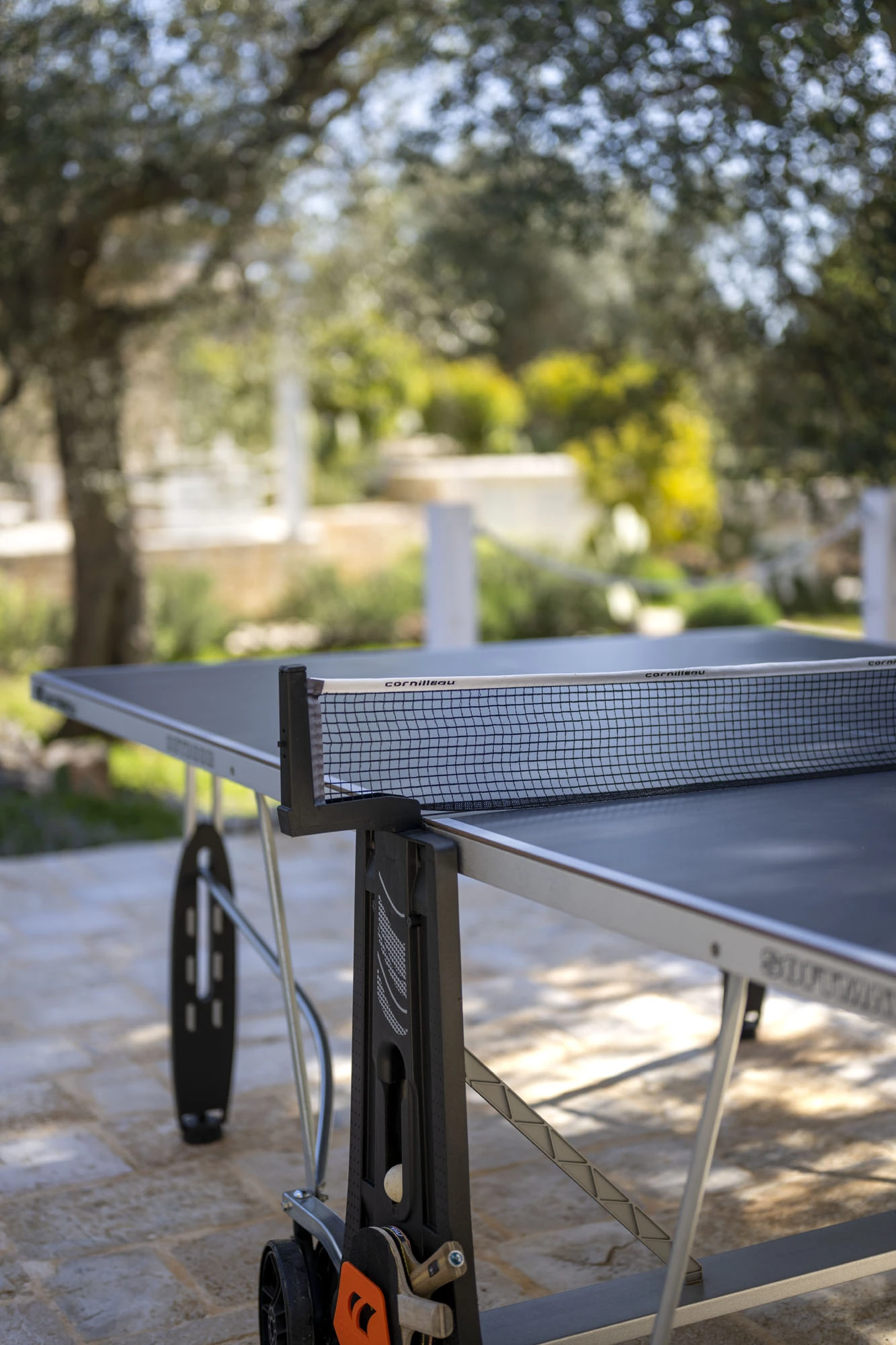 Close-up of a Cornilleau outdoor table tennis table with net on a limestone terrace surrounded by ancient olive trees and Mediterranean garden at a Puglia villa