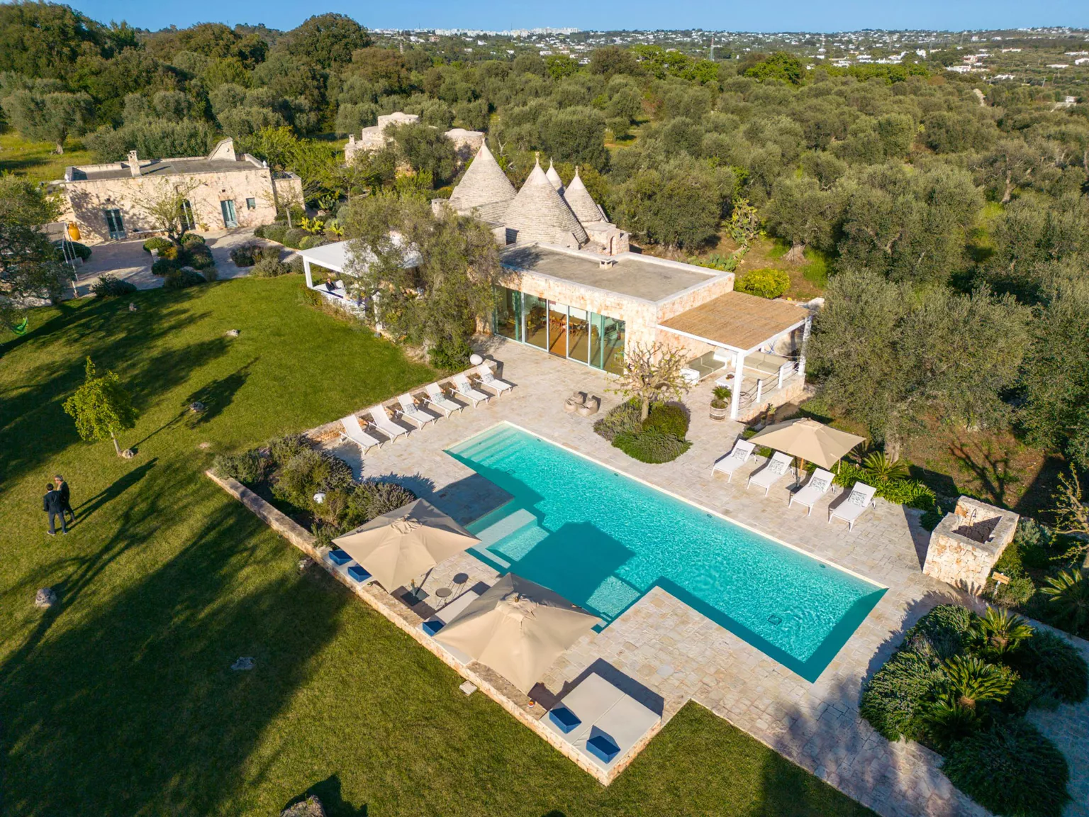 Drone aerial view of a luxury Puglia trulli villa estate with large rectangular swimming pool, multiple sun loungers, parasols, limestone terrace, manicured green lawn, stone buildings and ancient olive grove